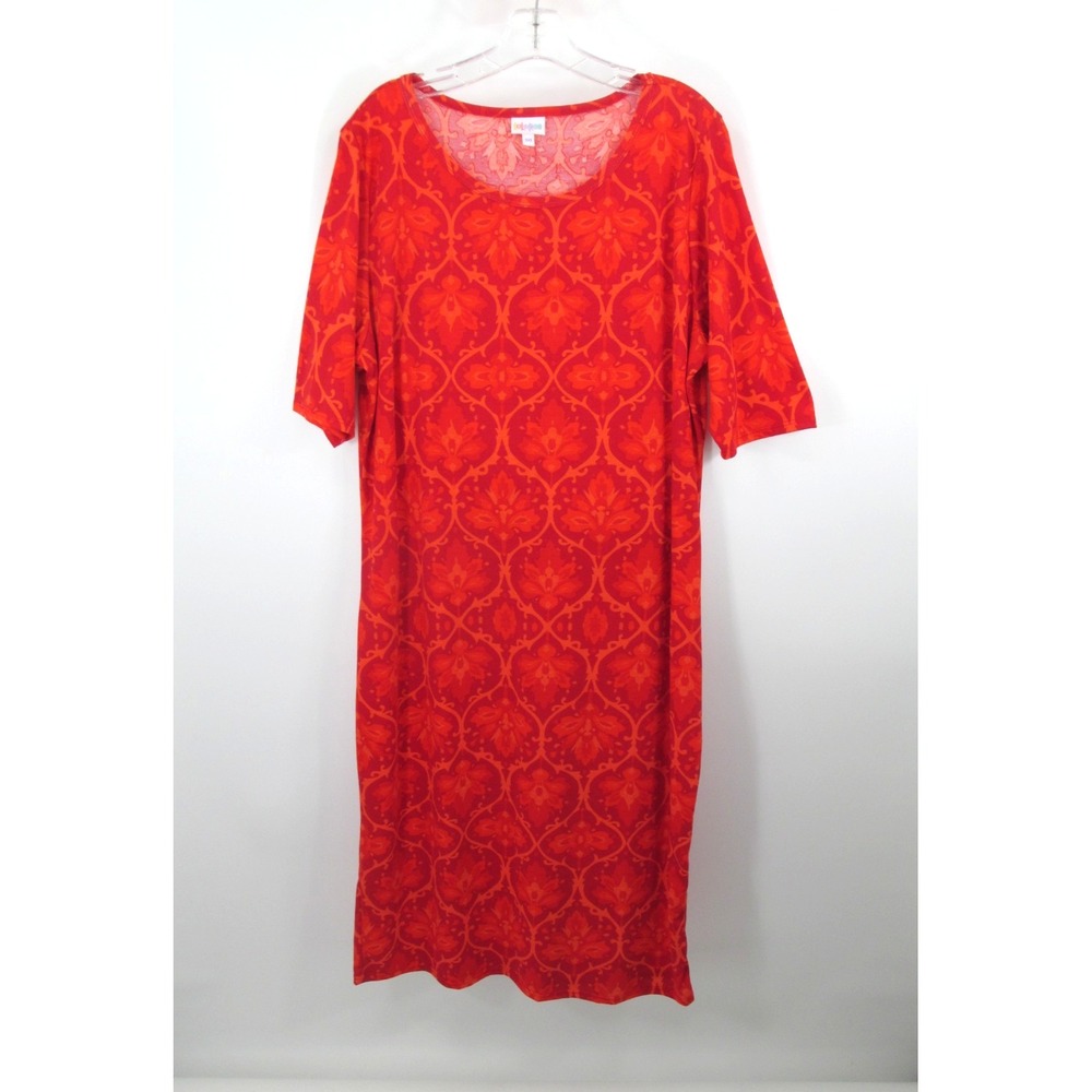 LuLaRoe Maxi Dress Womens 3XL Orange Red Geometric Boho Stretch Knit Short Slv